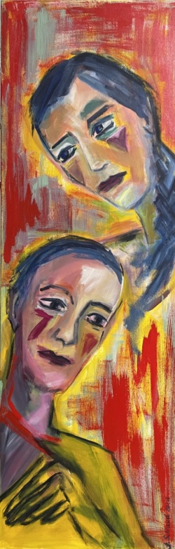 Maria und Josef ohne Jesus<br>
Acryl/Leinen<br>
150x50cm<br>
2021